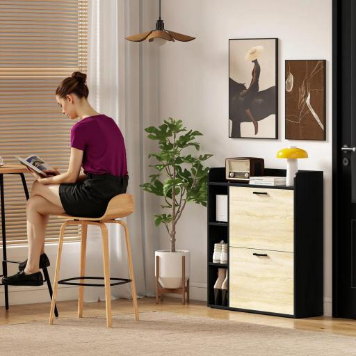 Zapatero Estrecho con 2 Puertas 3 Estantes Laterales y Estantes Ajustables para 15 Pares de Zapatos Natural y Negro [4]