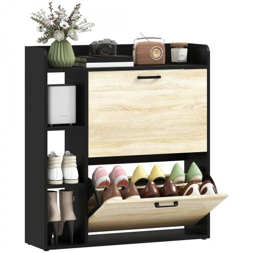 Zapatero Estrecho con 2 Puertas 3 Estantes Laterales y Estantes Ajustables para 15 Pares de Zapatos Natural y Negro [9]