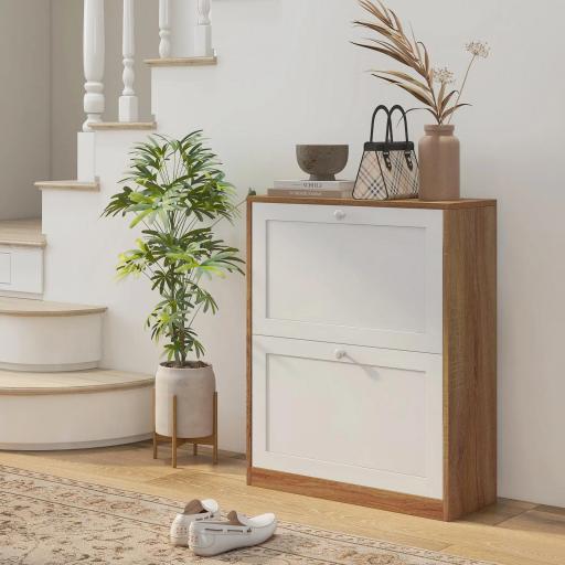 Zapatero Estrecho con 2 Puertas Estantes Ajustables para 12 Pares de Zapatos 60x24,5x75,5 cm Natural y Blanco