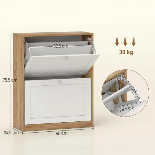 Zapatero Estrecho con 2 Puertas Estantes Ajustables para 12 Pares de Zapatos 60x24,5x75,5 cm Natural y Blanco [1]