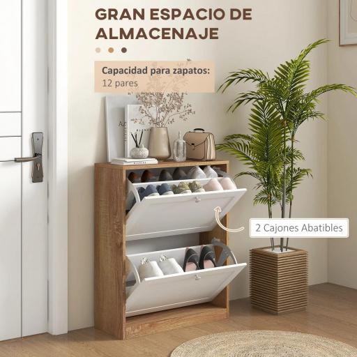 Zapatero Estrecho con 2 Puertas Estantes Ajustables para 12 Pares de Zapatos 60x24,5x75,5 cm Natural y Blanco [2]