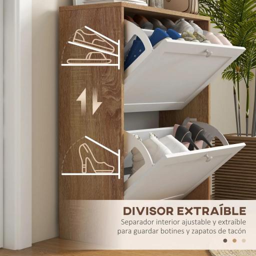Zapatero Estrecho con 2 Puertas Estantes Ajustables para 12 Pares de Zapatos 60x24,5x75,5 cm Natural y Blanco [4]