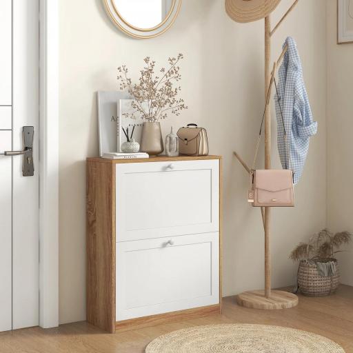 Zapatero Estrecho con 2 Puertas Estantes Ajustables para 12 Pares de Zapatos 60x24,5x75,5 cm Natural y Blanco [6]