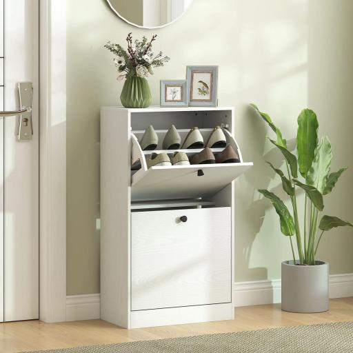 Zapatero con 2 Cajones Abatibles Estantes Ajustables para Pasillos y Espacios Pequeños 47x26x85 cm Blanco Veteado