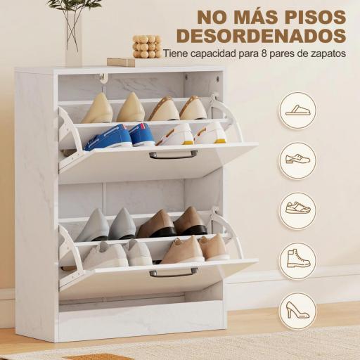 Zapatero Estrecho 2 Puertas de Alto Brillo Estantes Ajustables Diseño Mármol para 8 Pares de Zapatos 60x24x80 cm Blanco [2]