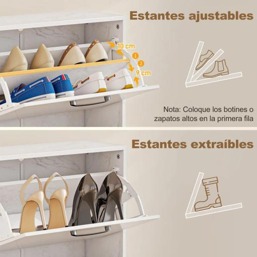 Zapatero Estrecho 2 Puertas de Alto Brillo Estantes Ajustables Diseño Mármol para 8 Pares de Zapatos 60x24x80 cm Blanco [4]