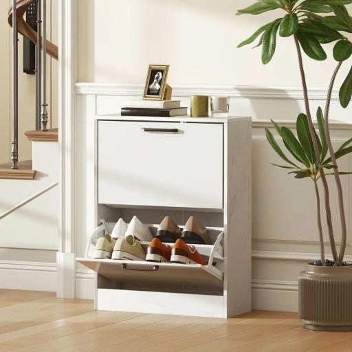 Zapatero Estrecho 2 Puertas de Alto Brillo Estantes Ajustables Diseño Mármol para 8 Pares de Zapatos 60x24x80 cm Blanco [6]
