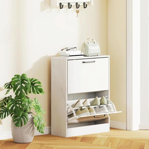 Zapatero Estrecho 2 Puertas de Alto Brillo Estantes Ajustables Diseño Mármol para 8 Pares de Zapatos 60x24x80 cm Blanco [7]