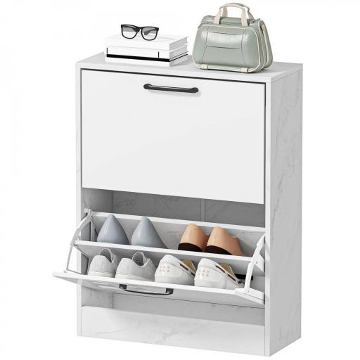 Zapatero Estrecho 2 Puertas de Alto Brillo Estantes Ajustables Diseño Mármol para 8 Pares de Zapatos 60x24x80 cm Blanco [10]