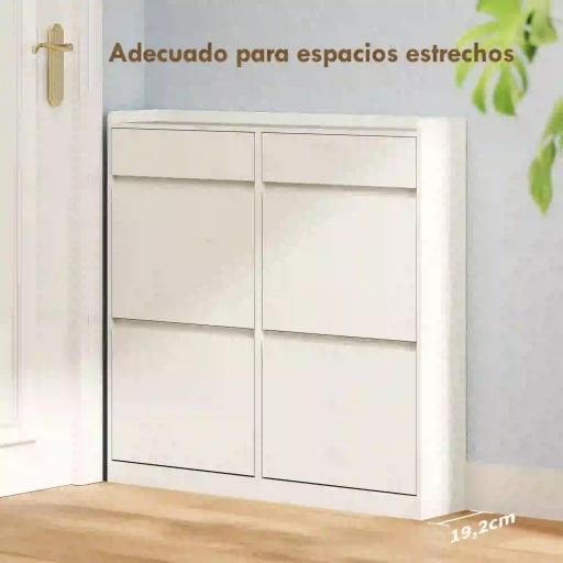 Zapatero Estrecho con 2 Cajones 4 Compartimentos Abatibles y Encimera 98x19,2x95,3 cm Blanco Veteado [1]