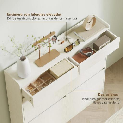 Zapatero Estrecho con 2 Cajones 4 Compartimentos Abatibles y Encimera 98x19,2x95,3 cm Blanco Veteado [4]