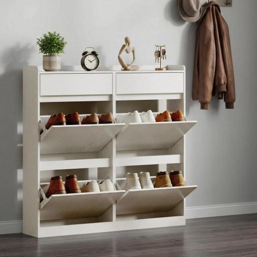 Zapatero Estrecho con 2 Cajones 4 Compartimentos Abatibles y Encimera 98x19,2x95,3 cm Blanco Veteado [7]