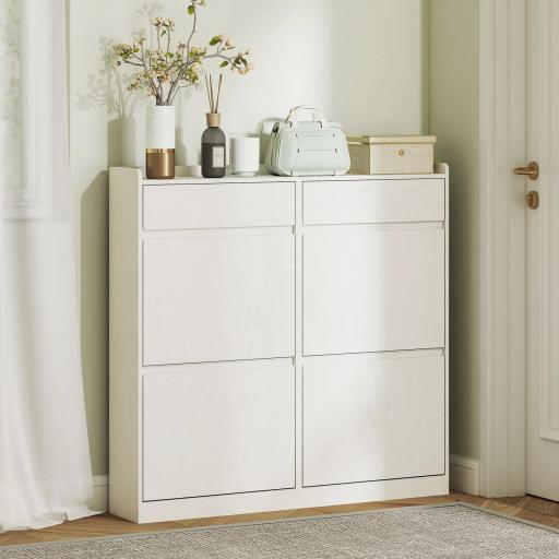 Zapatero Estrecho con 2 Cajones 4 Compartimentos Abatibles y Encimera 98x19,2x95,3 cm Blanco Veteado [8]