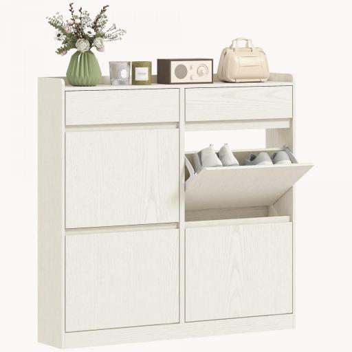 Zapatero Estrecho con 2 Cajones 4 Compartimentos Abatibles y Encimera 98x19,2x95,3 cm Blanco Veteado [9]