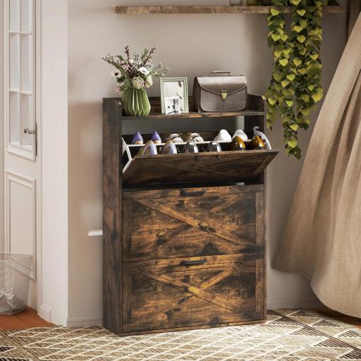 Zapatero Estrecho de 3 Cajones Abatibles para 24 Pares Diseño Rústico con Puertas de Granero 80x24x118 cm Marrón