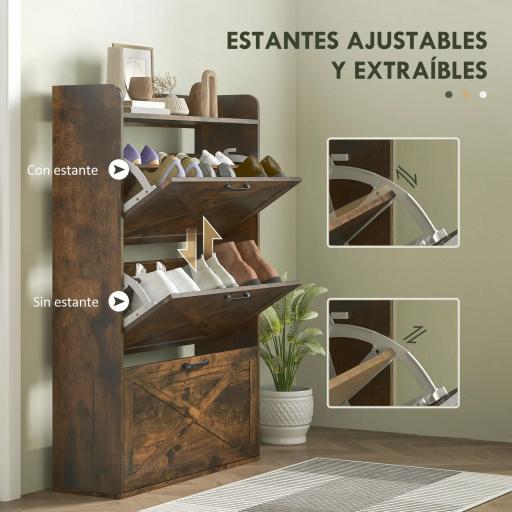 Zapatero Estrecho de 3 Cajones Abatibles para 24 Pares Diseño Rústico con Puertas de Granero 80x24x118 cm Marrón [4]