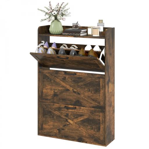 Zapatero Estrecho de 3 Cajones Abatibles para 24 Pares Diseño Rústico con Puertas de Granero 80x24x118 cm Marrón [8]