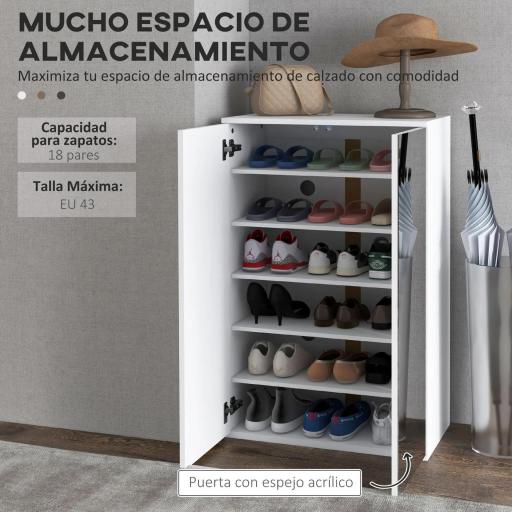 Mueble Zapatero con Espejo para 18 Pares de Zapatos con 5 Estantes Ajustables para Recibidor 60x32x95 cm Blanco [2]