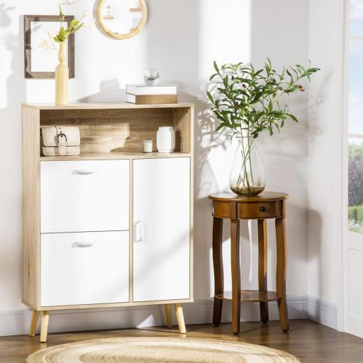 Mueble Zapatero para 8 Pares de Calzado con 2 Cajones Abatibles Armario y Balda 80x25,5x112,5 cm Natural y Blanco