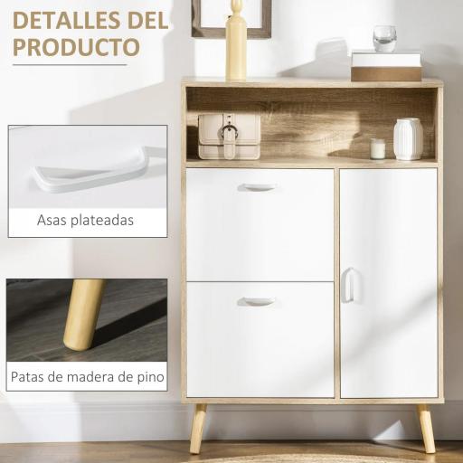 Mueble Zapatero para 8 Pares de Calzado con 2 Cajones Abatibles Armario y Balda 80x25,5x112,5 cm Natural y Blanco [2]