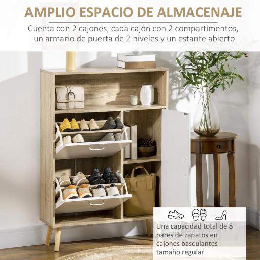 Mueble Zapatero para 8 Pares de Calzado con 2 Cajones Abatibles Armario y Balda 80x25,5x112,5 cm Natural y Blanco [3]