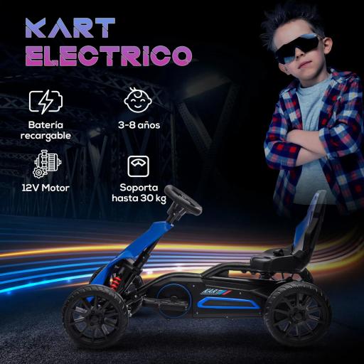 Kart Coche Eléctrico Infantil 12V de 3 a 8 Años Velocidad 3-5km/h y Cinturón de Seguridad 100x58x58,5cm Azul [6]