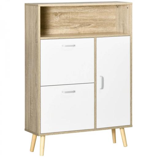 Mueble Zapatero para 8 Pares de Calzado con 2 Cajones Abatibles Armario y Balda 80x25,5x112,5 cm Natural y Blanco [10]