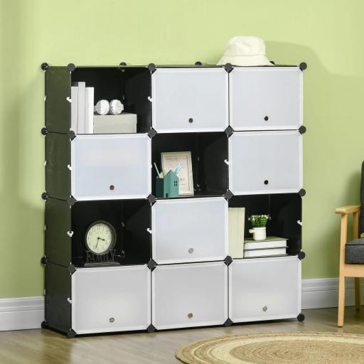 Armario Modular de Plástico Armario Portátil con 12 Cubos Organizador de Zapatos 125x32x125 cm Negro y Blanco