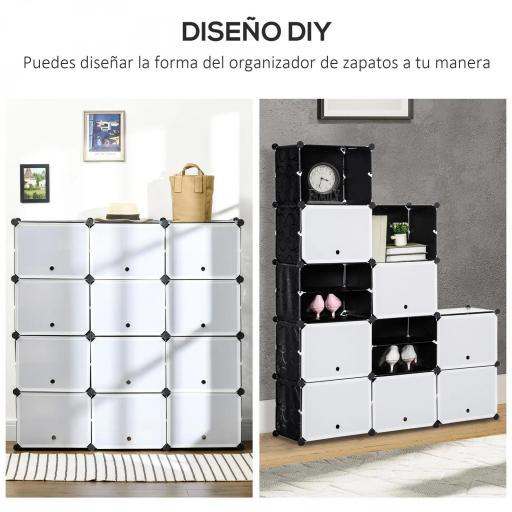 Armario Modular de Plástico Armario Portátil con 12 Cubos Organizador de Zapatos 125x32x125 cm Negro y Blanco [7]