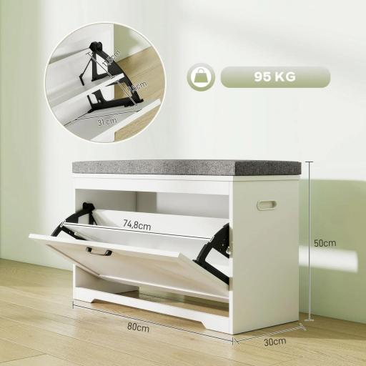 Banco Zapatero Moderno con Asiento Acolchado Estante Ajustable para 8 Pares de Zapatos para Entrada 80x30x50 cm Blanco [1]