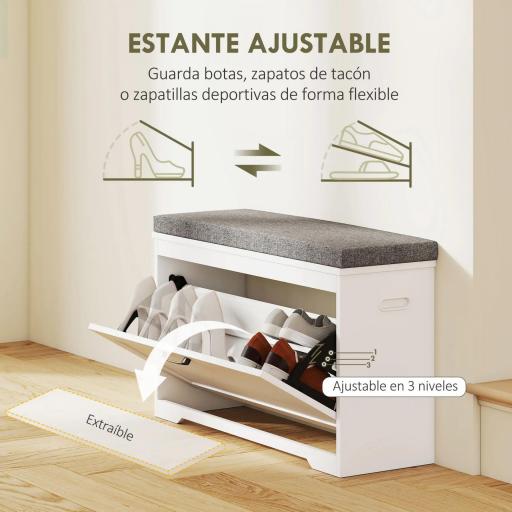 Banco Zapatero Moderno con Asiento Acolchado Estante Ajustable para 8 Pares de Zapatos para Entrada 80x30x50 cm Blanco [4]