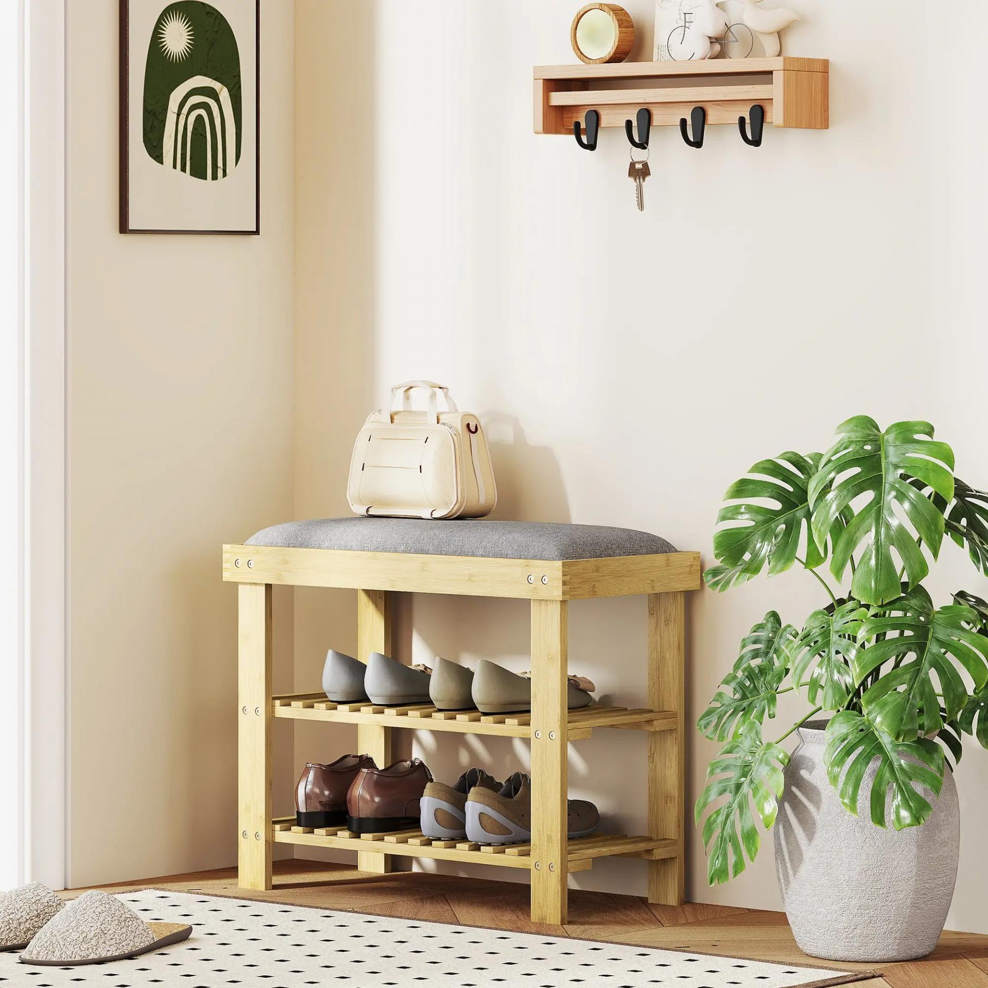 Banco Zapatero de Bambú con Cojín Zapatero de 2 Niveles para Entrada Pasillo o Dormitorio 60x29x49 cm Gris