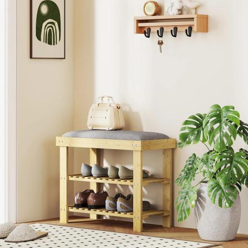 Banco Zapatero de Bambú con Cojín Zapatero de 2 Niveles para Entrada Pasillo o Dormitorio 60x29x49 cm Gris