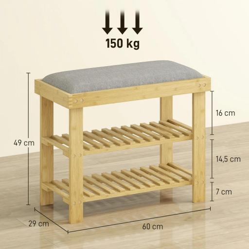 Banco Zapatero de Bambú con Cojín Zapatero de 2 Niveles para Entrada Pasillo o Dormitorio 60x29x49 cm Gris [1]