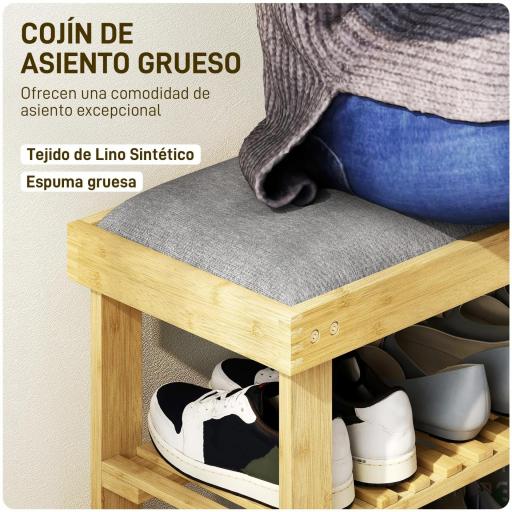 Banco Zapatero de Bambú con Cojín Zapatero de 2 Niveles para Entrada Pasillo o Dormitorio 60x29x49 cm Gris [2]