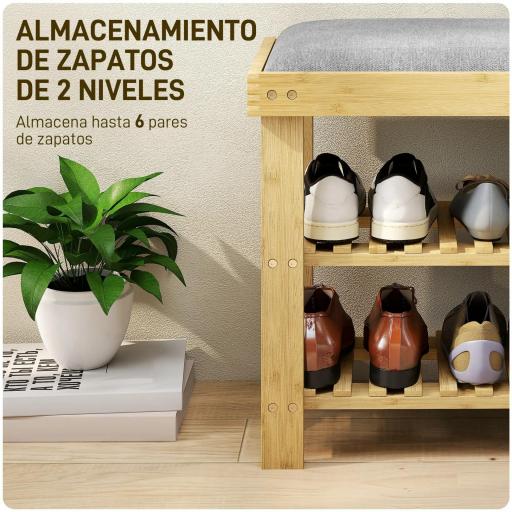 Banco Zapatero de Bambú con Cojín Zapatero de 2 Niveles para Entrada Pasillo o Dormitorio 60x29x49 cm Gris [4]