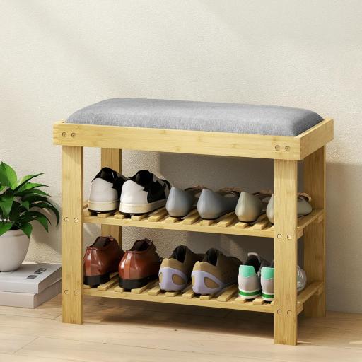 Banco Zapatero de Bambú con Cojín Zapatero de 2 Niveles para Entrada Pasillo o Dormitorio 60x29x49 cm Gris [3]