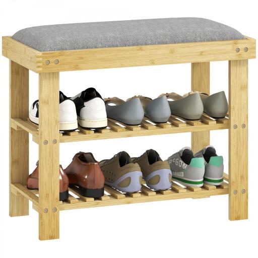 Banco Zapatero de Bambú con Cojín Zapatero de 2 Niveles para Entrada Pasillo o Dormitorio 60x29x49 cm Gris [7]