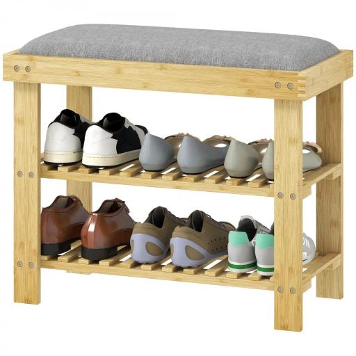 Banco Zapatero de Bambú con Cojín Zapatero de 2 Niveles para Entrada Pasillo o Dormitorio 60x29x49 cm Gris [8]