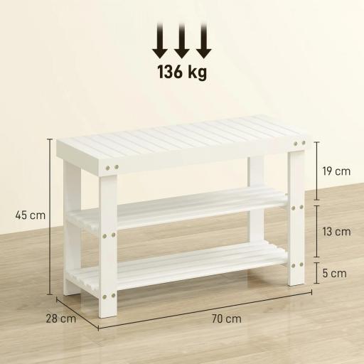 Banco Zapatero de Bambú con Asiento y 2 Estantes para 6 Pares para Entrada Salón Dormitorio 70x28x45 cm Blanco [1]