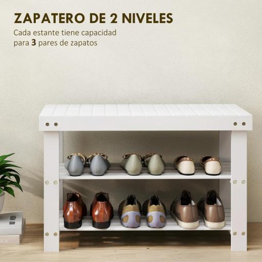 Banco Zapatero de Bambú con Asiento y 2 Estantes para 6 Pares para Entrada Salón Dormitorio 70x28x45 cm Blanco [3]