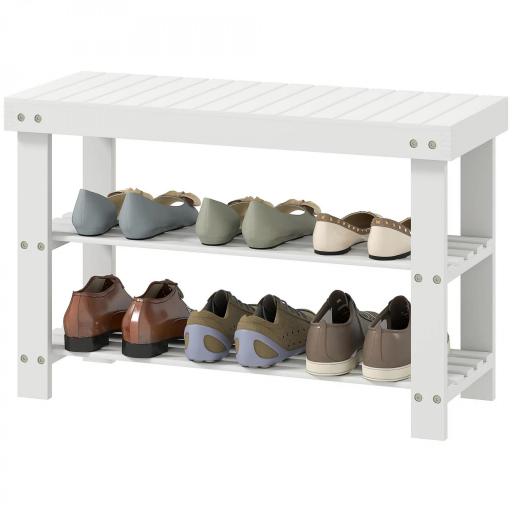 Banco Zapatero de Bambú con Asiento y 2 Estantes para 6 Pares para Entrada Salón Dormitorio 70x28x45 cm Blanco [8]