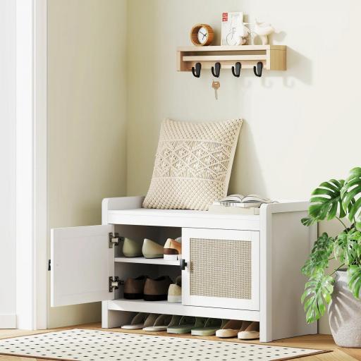 Banco Zapatero con Puertas Frentes de Ratán Balda Extraíble para Entrada o Dormitorio 80x35x52 cm Blanco y Beige