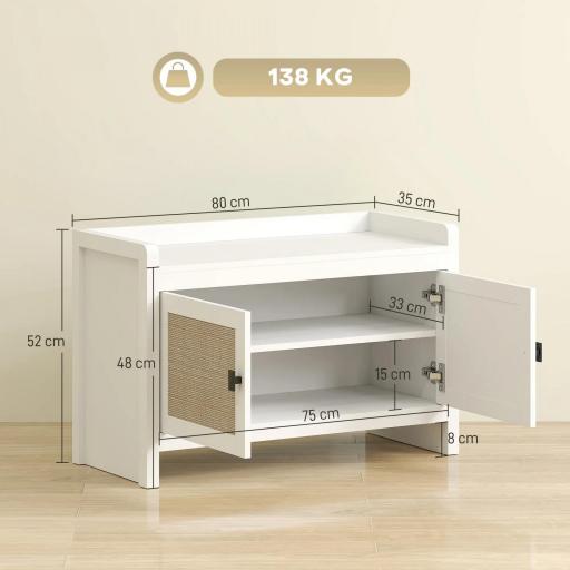 Banco Zapatero con Puertas Frentes de Ratán Balda Extraíble para Entrada o Dormitorio 80x35x52 cm Blanco y Beige [1]