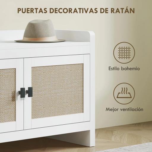 Banco Zapatero con Puertas Frentes de Ratán Balda Extraíble para Entrada o Dormitorio 80x35x52 cm Blanco y Beige [2]