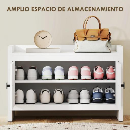 Banco Zapatero con Puertas Frentes de Ratán Balda Extraíble para Entrada o Dormitorio 80x35x52 cm Blanco y Beige [6]