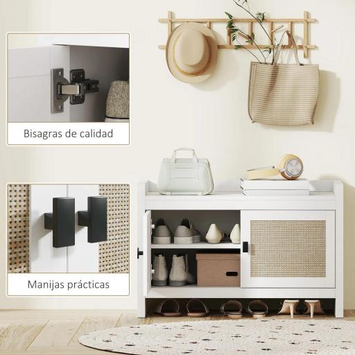 Banco Zapatero con Puertas Frentes de Ratán Balda Extraíble para Entrada o Dormitorio 80x35x52 cm Blanco y Beige [5]