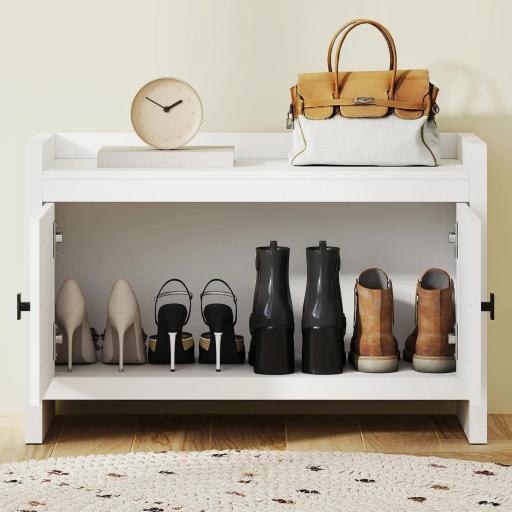 Banco Zapatero con Puertas Frentes de Ratán Balda Extraíble para Entrada o Dormitorio 80x35x52 cm Blanco y Beige [7]