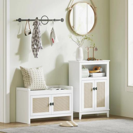 Banco Zapatero con Puertas Frentes de Ratán Balda Extraíble para Entrada o Dormitorio 80x35x52 cm Blanco y Beige [4]