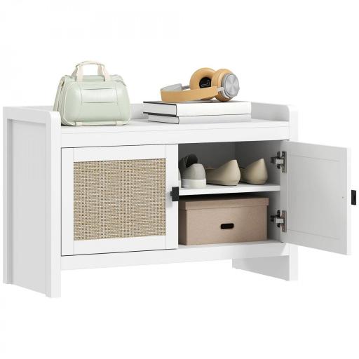 Banco Zapatero con Puertas Frentes de Ratán Balda Extraíble para Entrada o Dormitorio 80x35x52 cm Blanco y Beige [8]